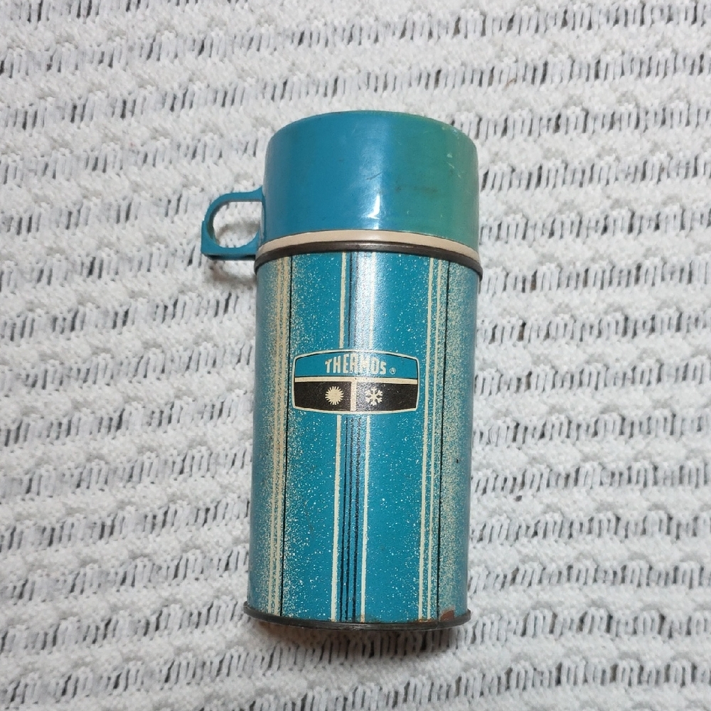 1969 Vintage Thermos Teal Sparkle Vertical Stripe Vacuum Bottle